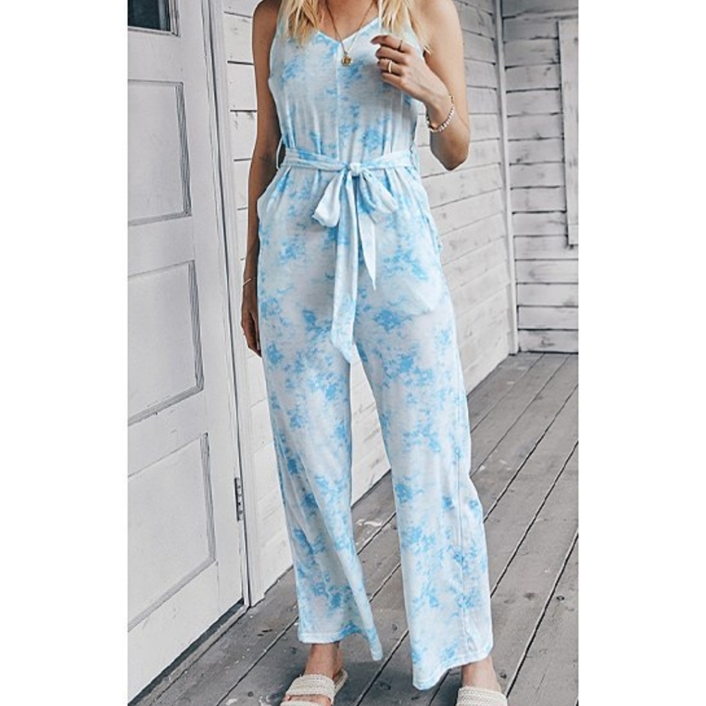 Blue & White Tie Dye Sleeveless V Neck Jumpsuit NEW